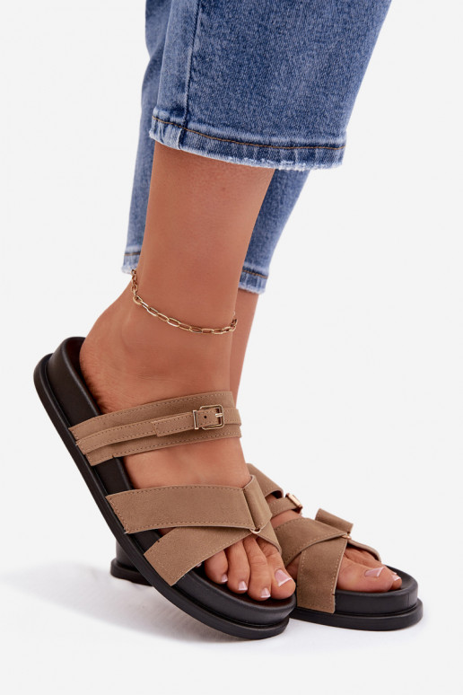 Chinelos femininos com listras I Złotą com fivelas bege Selorina