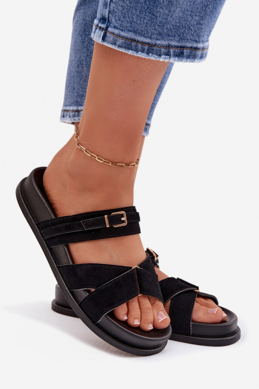 Chinelos femininos com listras I Złotą com fivelas cor preta Selorina