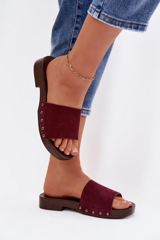 Chinelos femininos com rebites com salto largo Borgonha Amelvessa