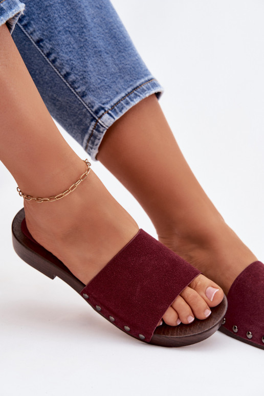 Chinelos femininos com rebites com salto largo Borgonha Amelvessa