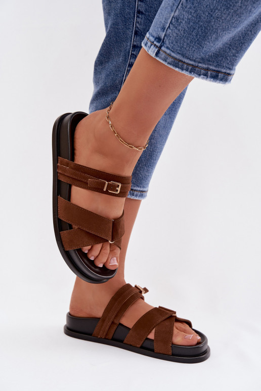 Chinelos femininos com listras I Złotą com fivelas cor marrom Selorina