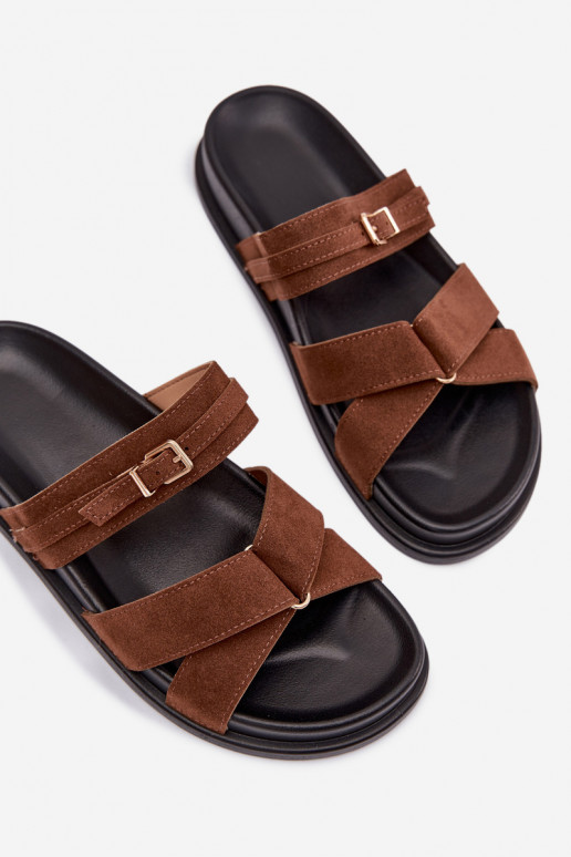 Chinelos femininos com listras I Złotą com fivelas cor marrom Selorina