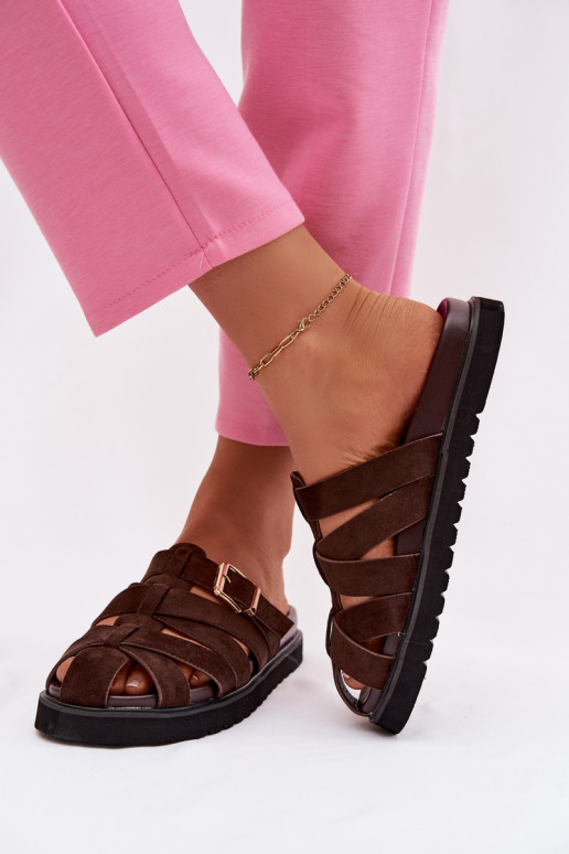 Chinelos femininos com listras I Złotą com fivelas CzekoladoParae Roselisse