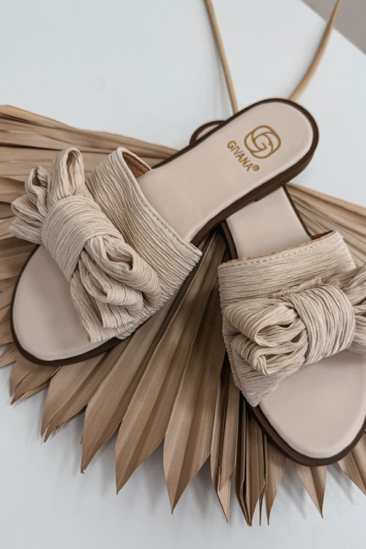 Chinelos femininos com saltos largos e laços em tom areia Amivelle