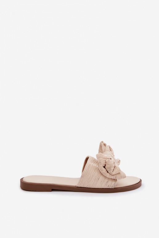 Chinelos femininos com saltos largos e laços em tom areia Amivelle
