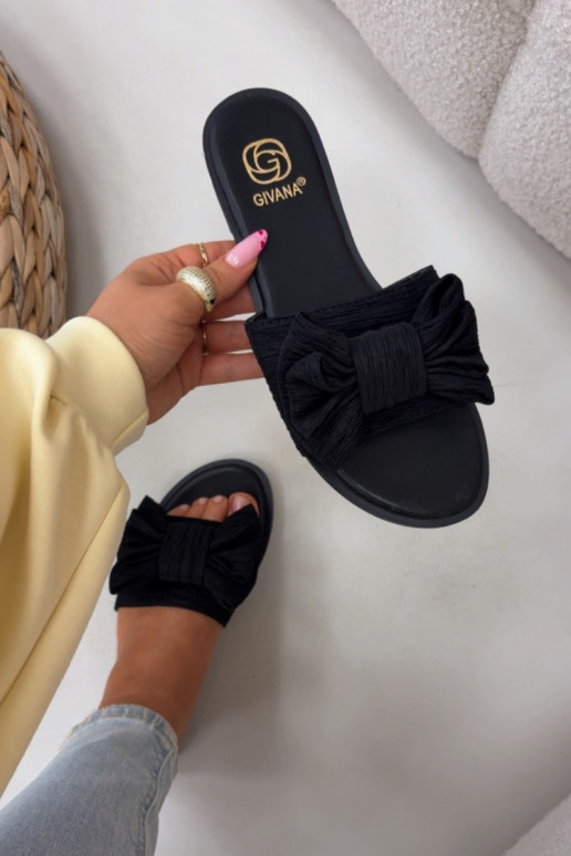 Chinelos femininos pretos com saltos largos e laços Amivelle