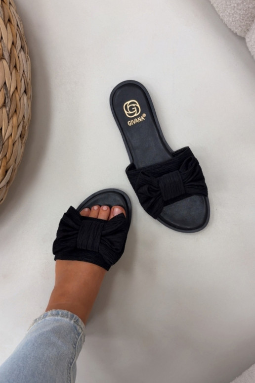 Chinelos femininos pretos com saltos largos e laços Amivelle