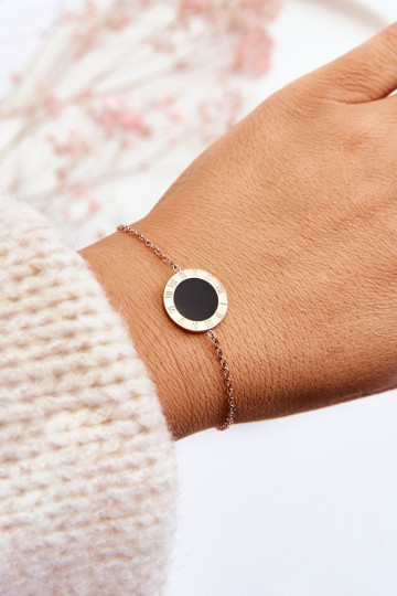 Pulseira feminina celebridade preta com círculo rosa dourado