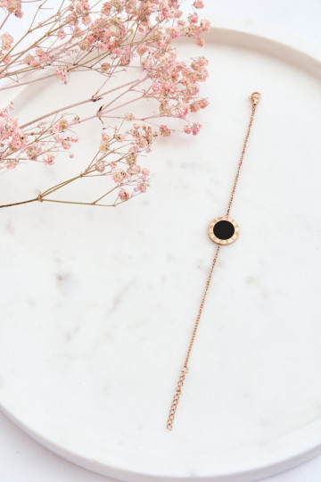 Pulseira feminina celebridade preta com círculo rosa dourado 2