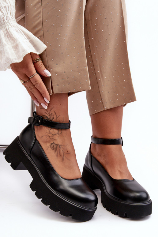 Feminino sapato De salto baixo com fivelas cor preta OParaena