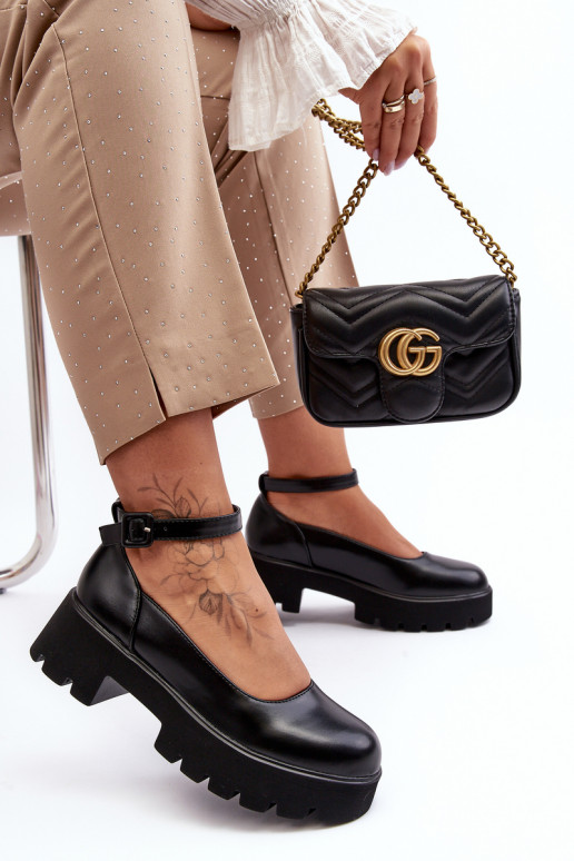 Feminino sapato De salto baixo com fivelas cor preta OParaena