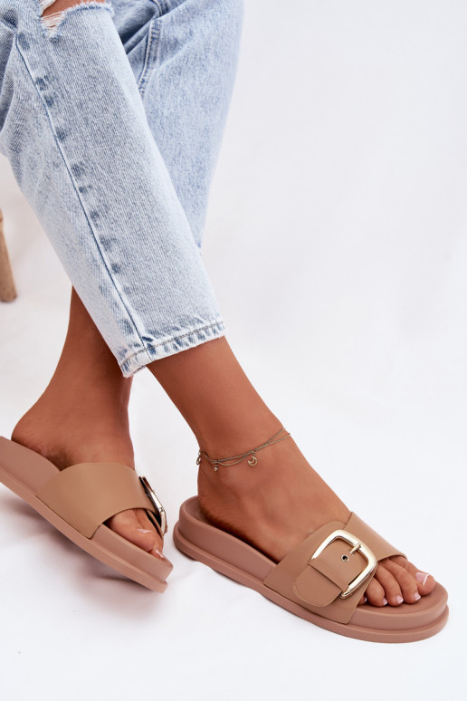 Chinelos femininos com fivelas douradas bege Rosivana