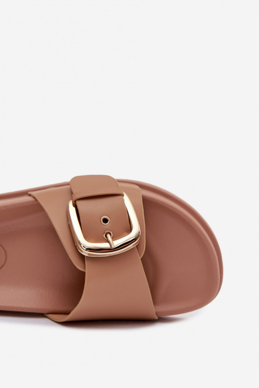 Chinelos femininos com fivelas douradas bege Rosivana