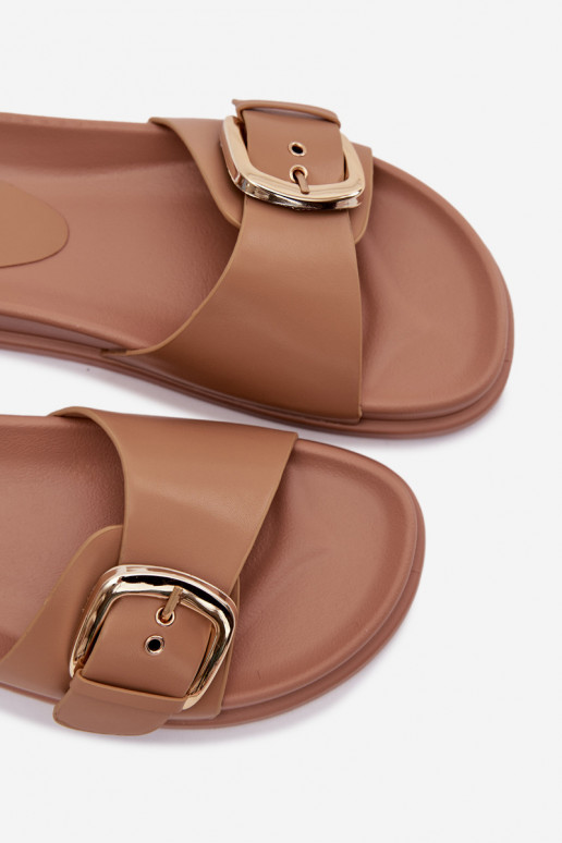 Chinelos femininos com fivelas douradas bege Rosivana