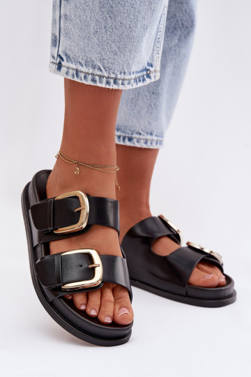 Chinelos femininos Eko Pele Ze cor douradami com fivelasmi cor preta Tervessa 2