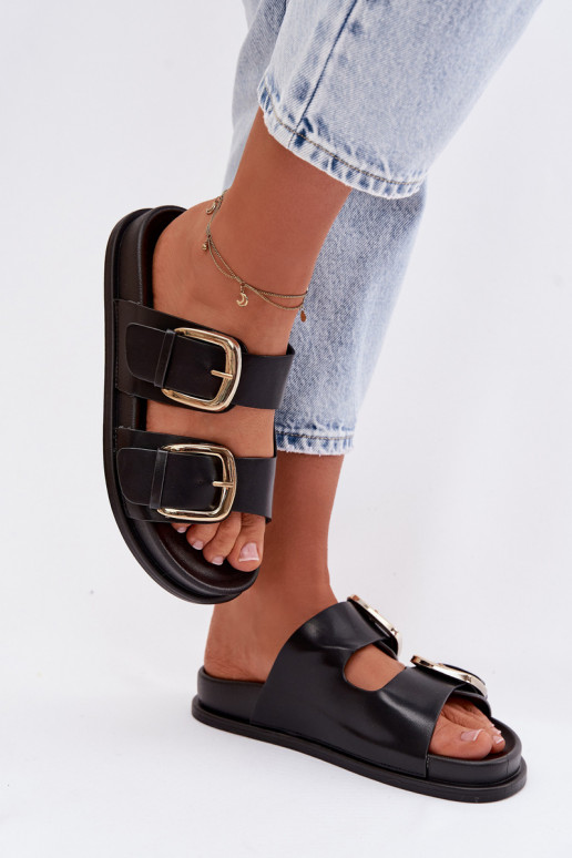 Chinelos femininos Eko Pele Ze cor douradami com fivelasmi cor preta Tervessa