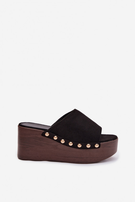 Chinelos femininos Em uma cunha Ze cor douradami Pregos de camurça ecológicaoParae cor preta Helivina