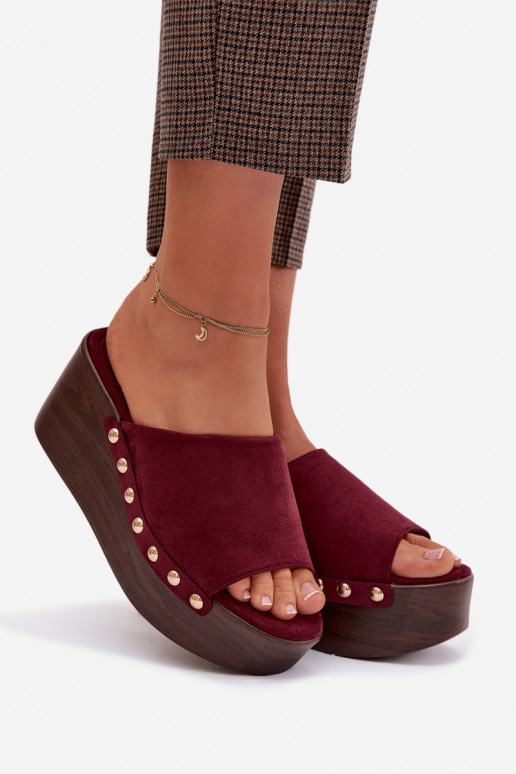 Chinelos femininos Em uma cunha Ze cor douradami Pregos de camurça ecológicaoParae Borgonha Helivina