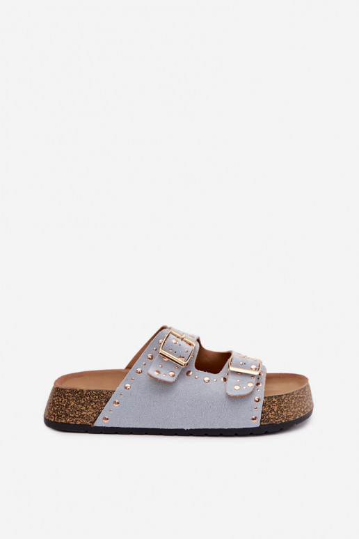 Chinelos femininos Ze cor douradami com fivelasmi E pregos azul claro Tervina