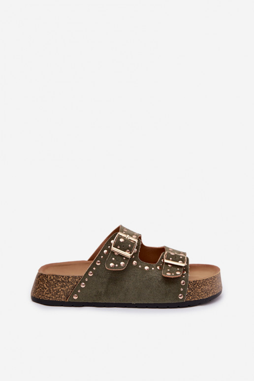 Chinelos femininos Ze cor douradami com fivelasmi E pregos cor cáqui Tervina