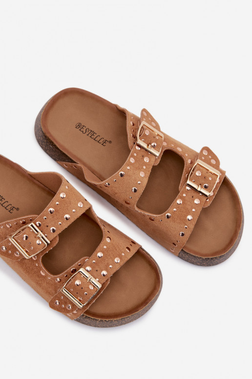 Chinelos femininos Ze cor douradami com fivelasmi E pregos cor marrom Tervina