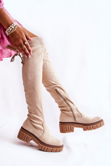 Botas femininas de camurça acima do joelho na cor marfim Cheera 2