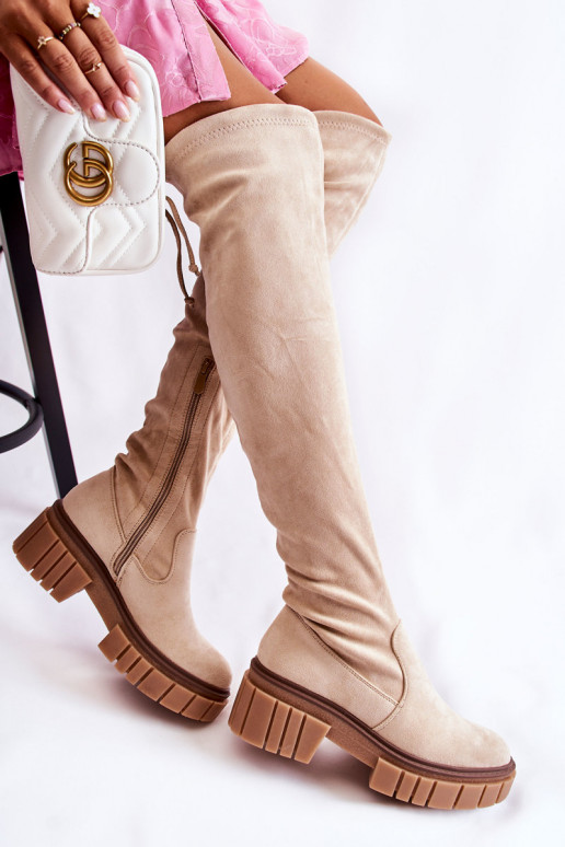 de camurça Feminino botas acima do joelho cor de marfim Cheera