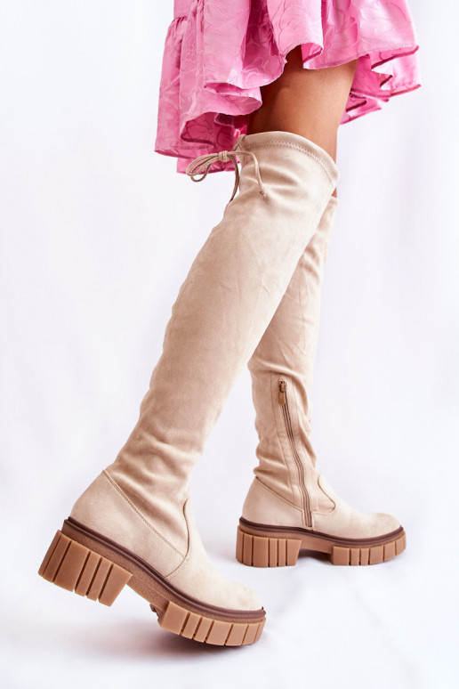 de camurça Feminino botas acima do joelho cor de marfim Cheera