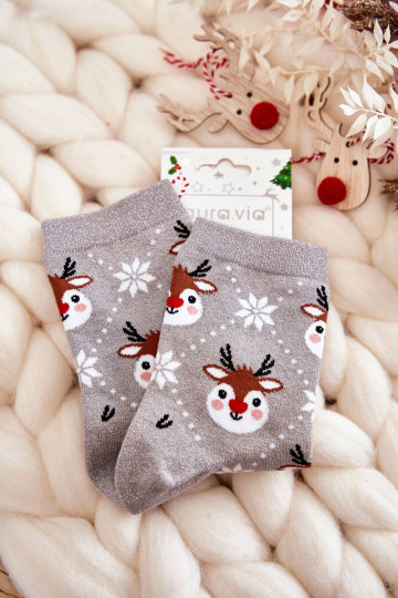 Meias de Natal femininas com brilho Reindeers na cor cinza