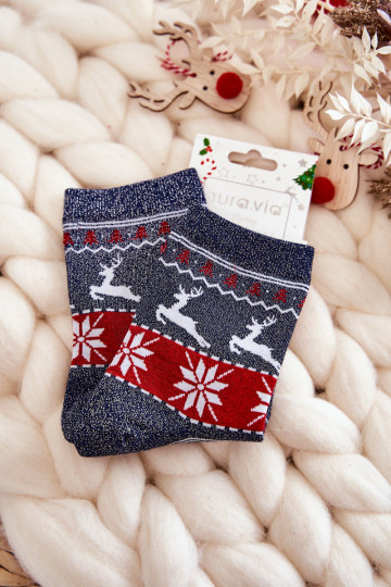 Meias de Natal femininas com brilho Reindeers na cor azul escuro
