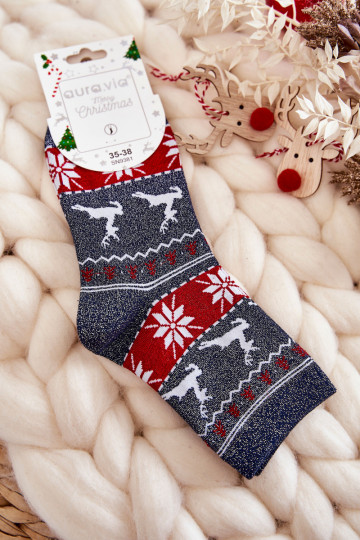 Meias de Natal femininas com brilho Reindeers na cor azul escuro 2