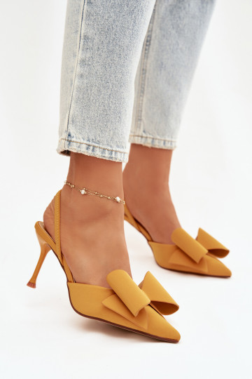 Sapatos de salto amarelos com calcanhares abertos e laço "Eklevia" 2