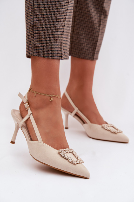 Sandálias femininas com salto fino com enfeites cor de marfim Ismeria