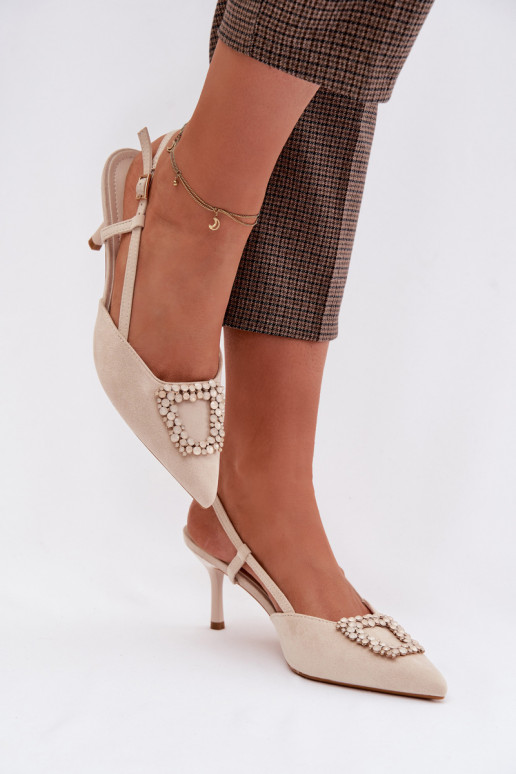 Sandálias femininas com salto fino com enfeites cor de marfim Ismeria