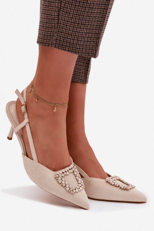 Sandálias femininas com salto fino com enfeites cor de marfim Ismeria