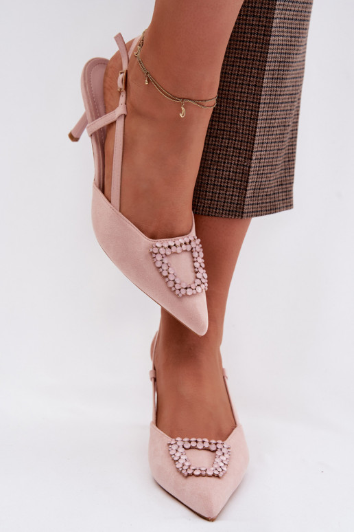 Sandálias femininas com salto fino com enfeites cor rosa Ismeria