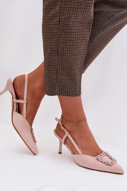 Sandálias femininas com salto fino com enfeites cor rosa Ismeria