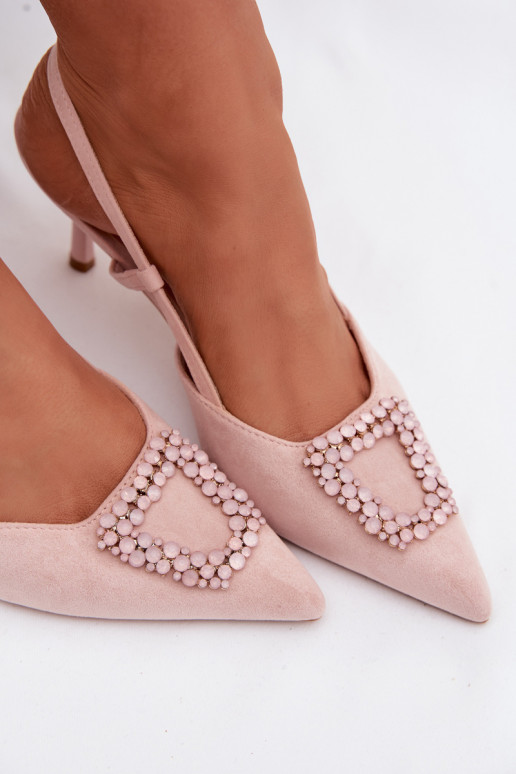 Sandálias femininas com salto fino com enfeites cor rosa Ismeria