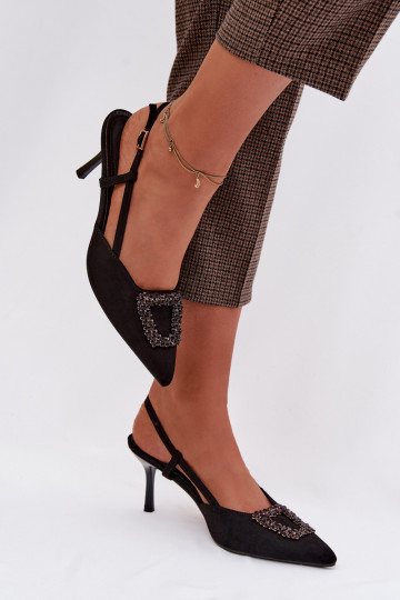Sandálias femininas com salto fino com enfeites cor preta Ismeria