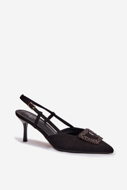 Sandálias femininas com salto fino com enfeites cor preta Ismeria
