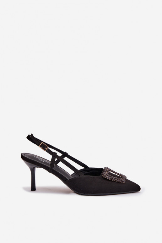 Sandálias femininas com salto fino com enfeites cor preta Ismeria