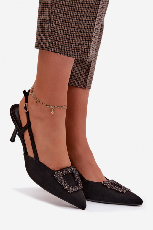 Sandálias femininas com salto fino com enfeites cor preta Ismeria