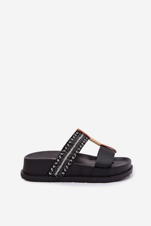 Chinelos femininos com uma plataforma com listras I cor douradam Detalem cor preta Tahlia