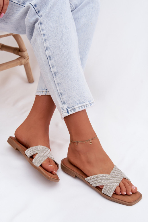 Chinelos femininos com salto largo com olhos brilhantes cor prata Zinnia