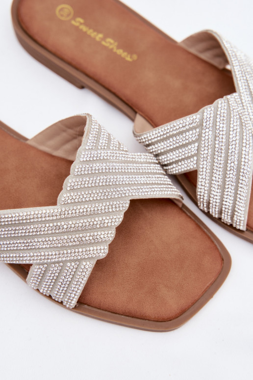 Chinelos femininos com salto largo com olhos brilhantes cor prata Zinnia