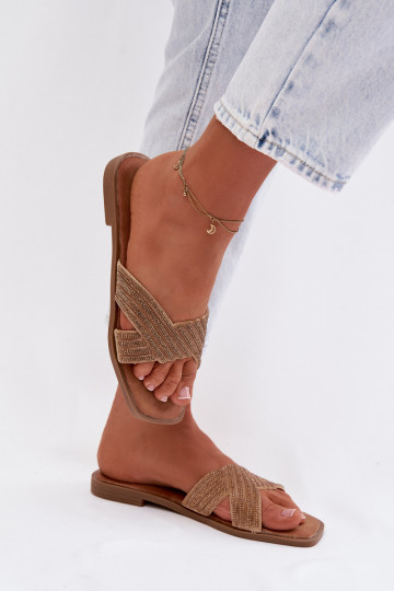 Chinelos femininos com salto largo com olhos brilhantes cor dourada Zinnia