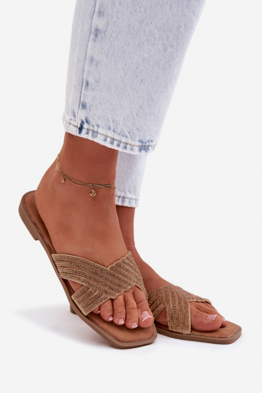 Chinelos femininos com salto largo com olhos brilhantes cor dourada Zinnia