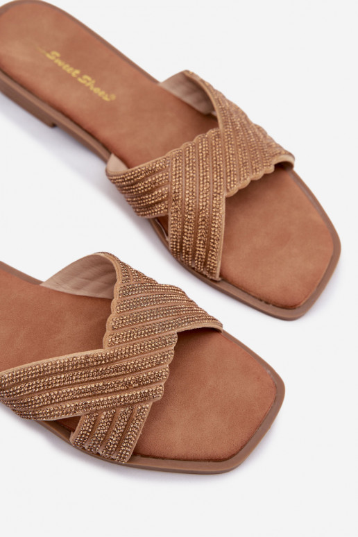 Chinelos femininos com salto largo com olhos brilhantes cor dourada Zinnia