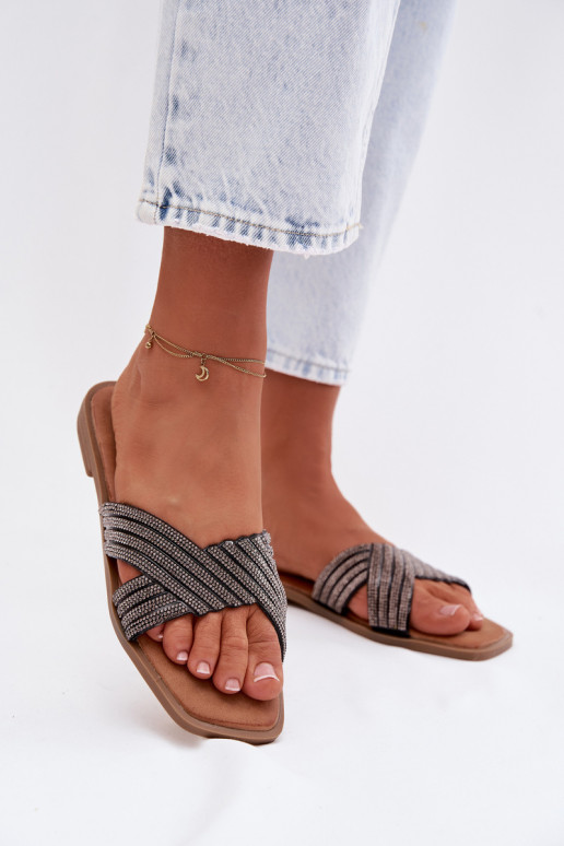 Chinelos femininos com salto largo com olhos brilhantes cor preta Zinnia