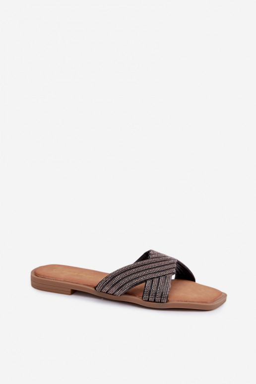 Chinelos femininos com salto largo com olhos brilhantes cor preta Zinnia